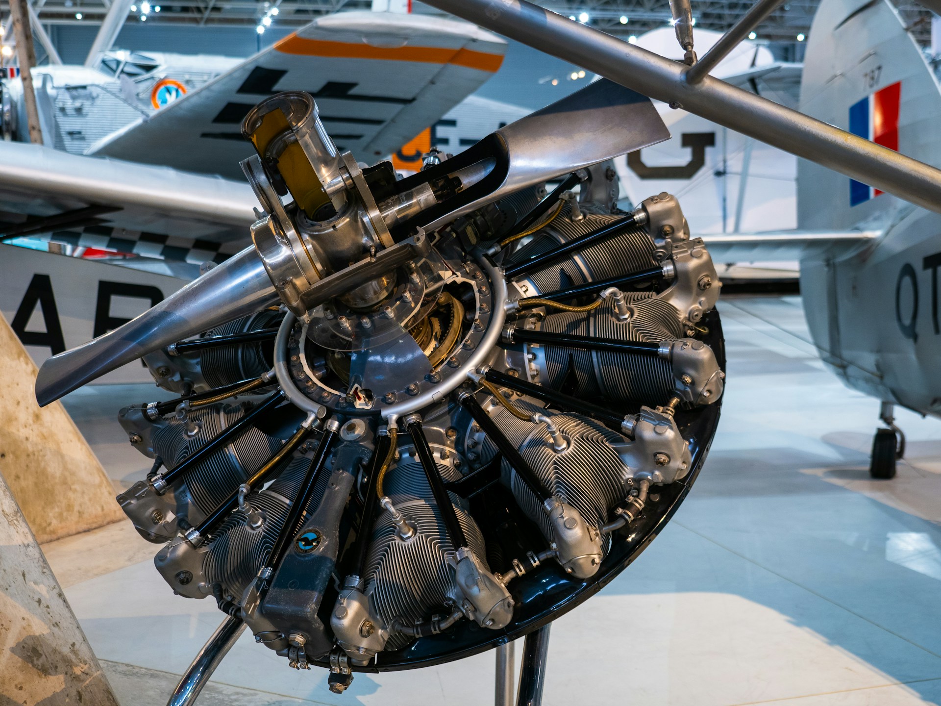 A jet engine from an airplane on display.